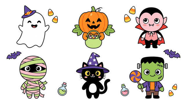 Cute Kawaii Halloween Character Vector Set, Friendly Ghost Pumpkin Vampire Mummy Cat Frankenstein Clipart for Kids