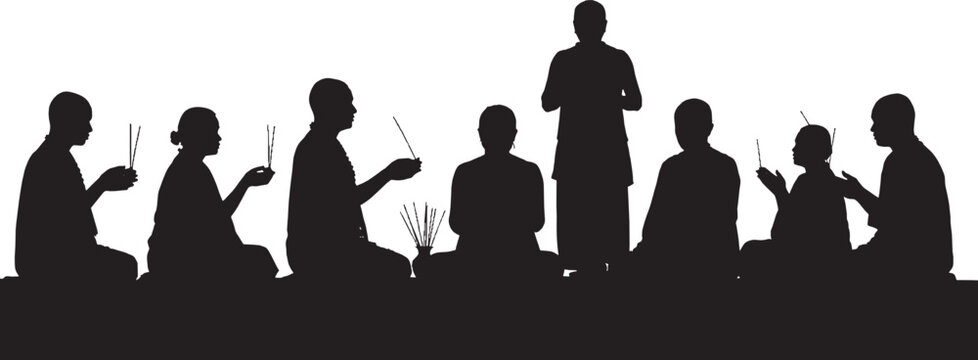 Black silhouette of a group of buddhist monks sitting and praying together in a traditional ceremony isolated on transparent background, Vector
