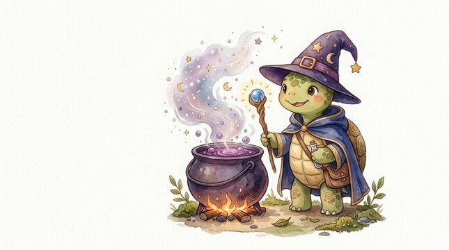 Cute little turtle wizard wearing a purple hat and cloak casting a magic spell over a boiling cauldron