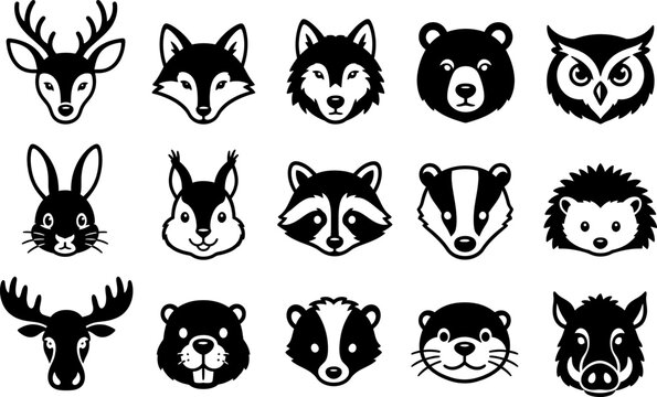 Woodland Wild Animal Head Icons Set - Deer Fox Wolf Bear Owl Rabbit Squirrel Raccoon Badger Hedgehog Moose Beaver Otter Boar Black Vector Collection