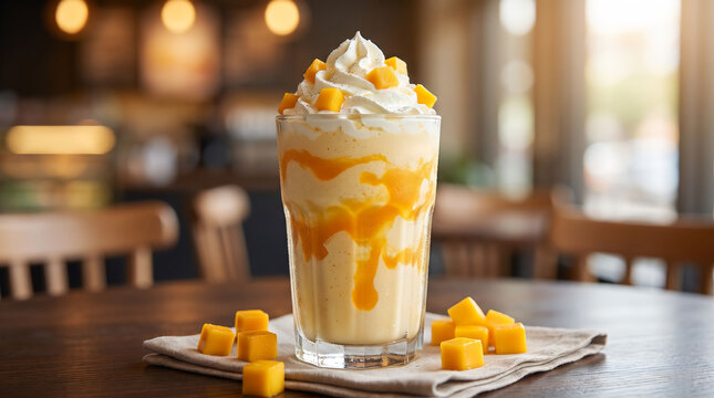 Product Splash Photography Mango Vanilla Milkshake with Whipped Cream and Fresh Mango Cubes in Glass
