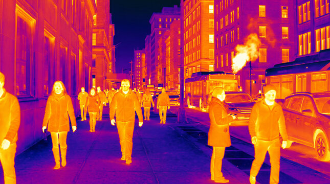 Thermal pedestrians city street. Warm image