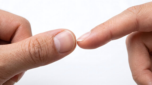 Close up of human fingers touching a broken piece of fingernail