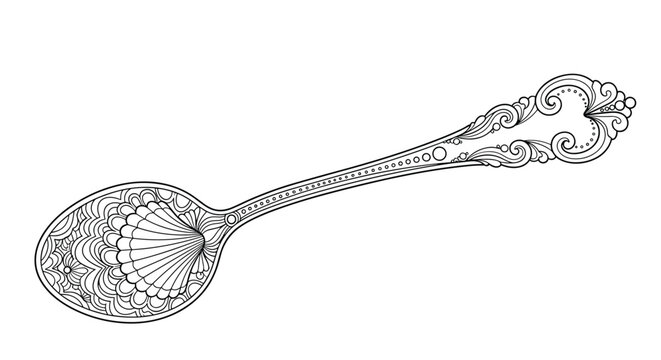 Ornate silver spoon with intricate shell and floral patterns on the handle and bowl is presented as a detailed black and white line art drawing.