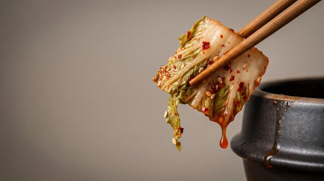 Extreme close-up of kimchi being lifted with chopsticks showing texture and juices, fermented vegetables detail with copy space