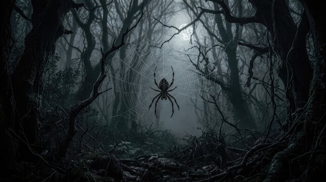 A creepy spider hanging in a dark misty forest with moonlight shining through the bare tree branches