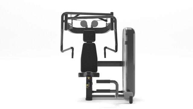 Front view of modern chest fly strength machine isolated on white background, 3D render