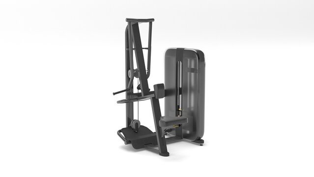 Modern lat pulldown weight machine isolated on white background, 3D render in angle view
