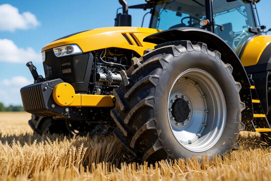 Yellow tractor operates in golden wheat field under blue sky. Close-up of large tire shows agricultural work. Modern farm machine harvests crop.