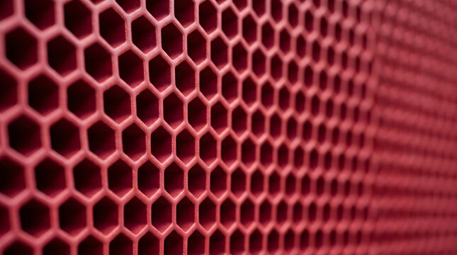 Red honeycomb hexagonal mesh pattern with depth of field