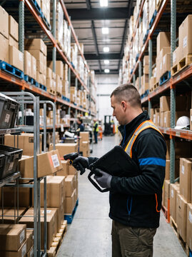 Warehouse technician scanning inventory with barcode reader