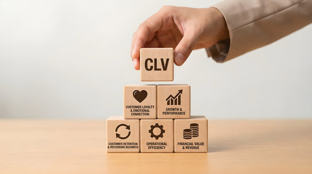 Customer Lifetime Value Management Concept Hand Placing Wooden Block on Table
