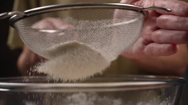 Close-up of a chef's hands sifting flour through a sieve (slow motion).