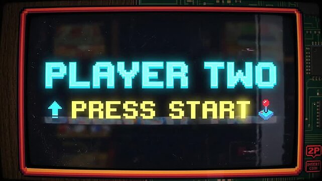 A retro arcade screen displays a prompt to begin the game