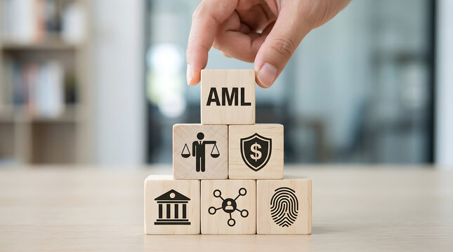 Anti-money Laundering Compliance Concept Hand Placing Wooden Block in Office Setting