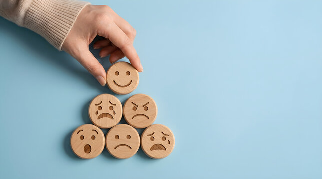 Customer Sentiment Analysis Concept Hand Placing Smiling Face Icon on Wooden Discs
