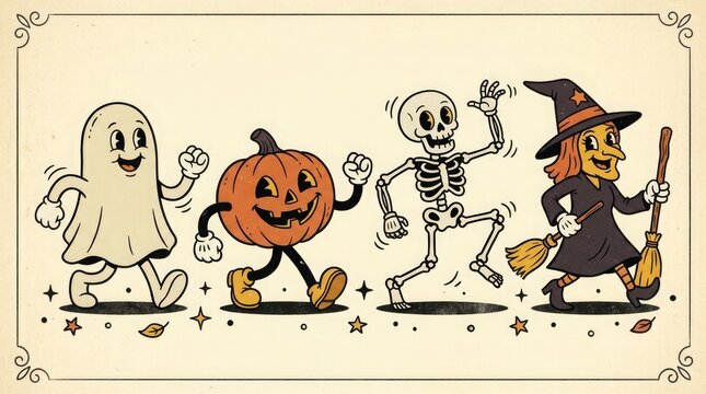 Vintage style illustration featuring a cute ghost pumpkin skeleton and witch walking together for a fun halloween celebration