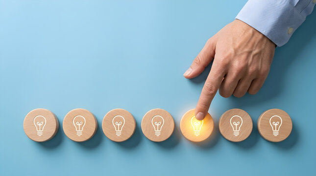 Innovation and Idea Selection Concept Hand Choosing Glowing Lightbulb Wooden Disc