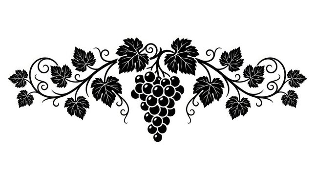 Elegant vintage style black and white illustration of a grape vine cluster with leaves for decorative design elements