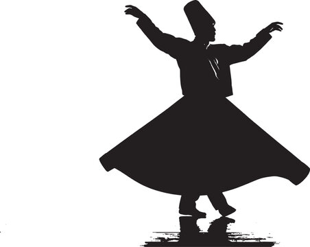 Black silhouette of a whirling dervish performing a traditional sufi dance isolated on transparent background, Vector