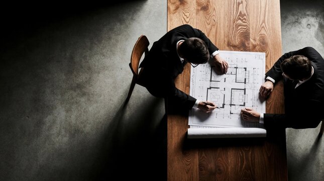 Two architects review building plans on a wooden table. Professionals in suits collaborate on house design, discussing layout and structure. One man points at blueprint, other holds pen at desk.