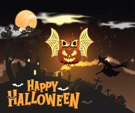 Halloween Banner with Flying Pumpkin, Haunted House, Full Moon, and Spooky Night Landscape