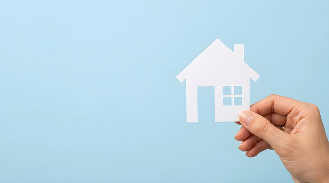 Real Estate Concept Hand Holding Paper House Cutout on Light Blue Background