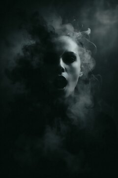 A mysterious woman emerging from thick dark smoke with a haunting and dramatic facial expression