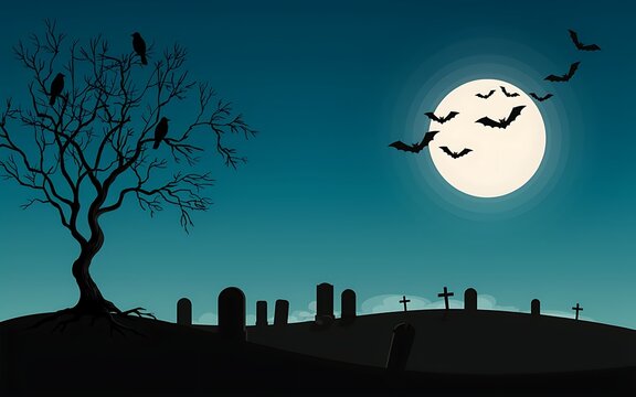 Spooky halloween night scene with a full moon a bare tree and a dark graveyard silhouette