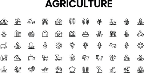 Agriculture and farming line icon set featuring barns tractors silos sunflowers corn crops livestock machinery and organic cultivation vector elementsAgriculture and farming line icon set featuring ba © MstRumi