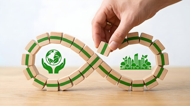 Circular Economy Concept Hand Placing Wooden Block Infinity Symbol on White Background