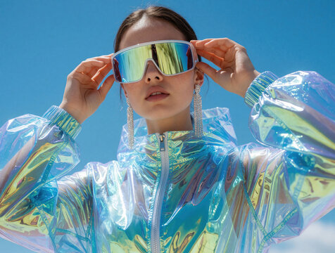 Young woman wears iridescent jacket and oversized visor sunglasses. She adjusts her shades against bright blue sky. Futuristic fashion model poses outdoors. Glamorous metallic look.