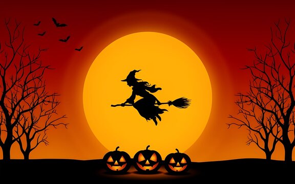 Silhouette of a witch flying on a broomstick against a large full moon at night