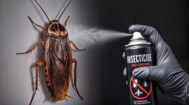 Exterminating a large cockroach on a wall using a pressurized aerosol insecticide can. Professional pest control service for household hygiene and insect elimination.