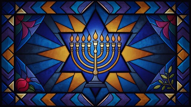 Stained glass menorah artwork featuring radiant geometric patterns with traditional symbols in vibrant blue gold tones