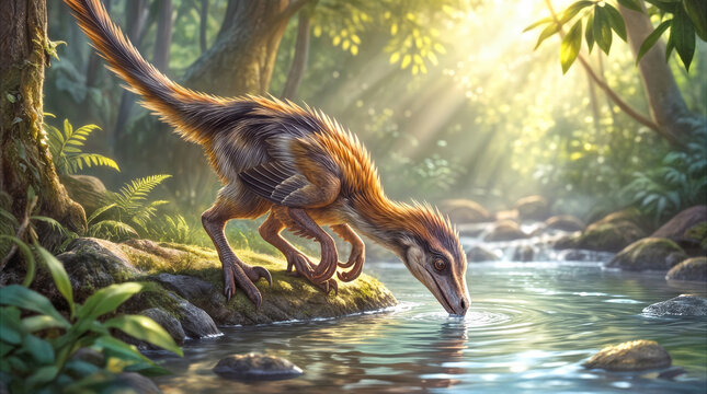Feathered Velociraptor drinking from forest stream. Small theropod dinosaur hydrating in prehistoric jungle ecosystem during sunny morning.