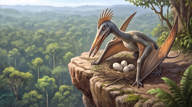 Pterosaur guarding nest with eggs on cliff edge overlooking prehistoric jungle. Ancient flying reptile protecting offspring in tropical wilderness environment.