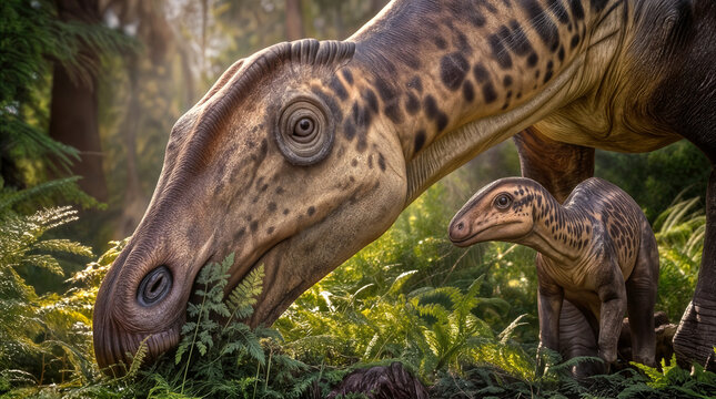 Hadrosaurid dinosaur grazing on ferns with its young offspring. Prehistoric mother and juvenile herbivore in lush tropical jungle environment.