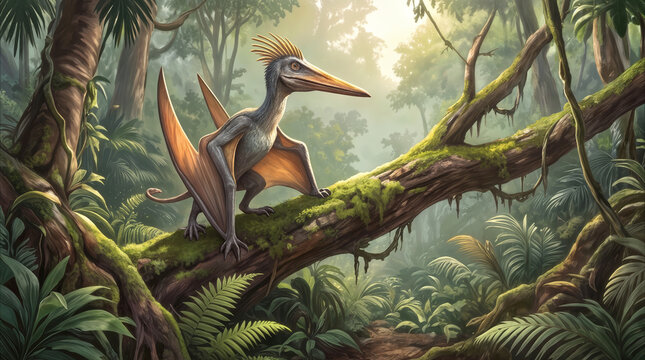 Pterosaur perched on mossy tree branch in prehistoric jungle. Extinct flying reptile in tropical rainforest environment.