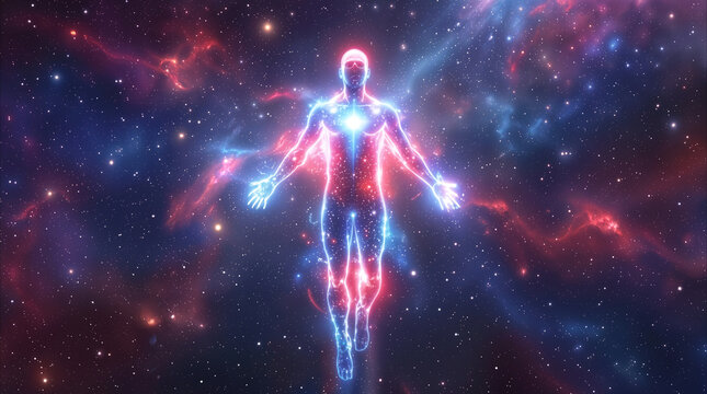 Glowing celestial figure floating in deep space. Translucent humanoid entity surrounded by nebulae and stars.