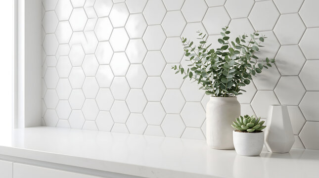 White hexagon tile backsplash with eucalyptus and succulent plants