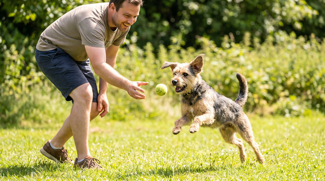 Man playing fetch with dog in park. Owner throwing ball for happy pet outdoors.