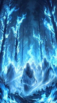 Spectral figures walking through burning forest with blue flames. Ethereal ghosts wandering in mystical woodland during supernatural event.