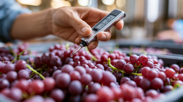 Close up of a hand holding a digital refractometer probe over a crate of freshly harvested grapes clear droplet on the sensor and a numeric sugar reading on the display bright
