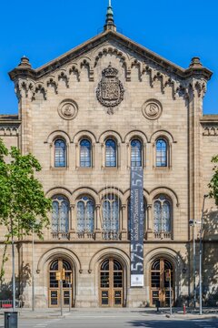 University of Barcelona Historic Building Facade, Neo-Romanesque Architecture, Main Entrance, Coat of Arms