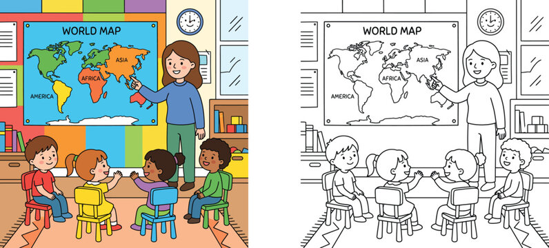 Teacher Teaching Geography to Kids in Classroom Vector Illustration and Black and White Outline Coloring Page for Children