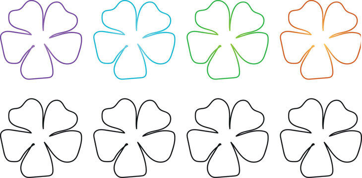 A set of elegant floral flower outlines in various colors including purple blue green and orange along with black line versions. These versatile illustrations are ideal for coloring books greeting 
