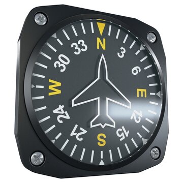 Aircraft heading indicator directional gyro gauge with compass rose scale, isolated on a white background. 3D render image.