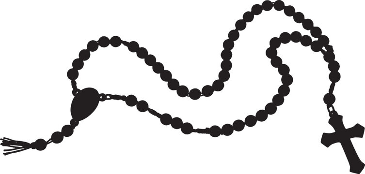 Black silhouette of a catholic prayer rosary beads necklace with a cross crucifix isolated on transparent background, Vector