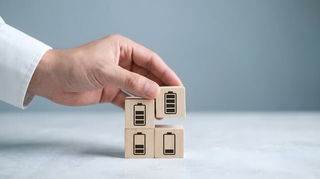 Energy Management Concept Hand Stacking Wooden Blocks with Battery Icons Studio Shot